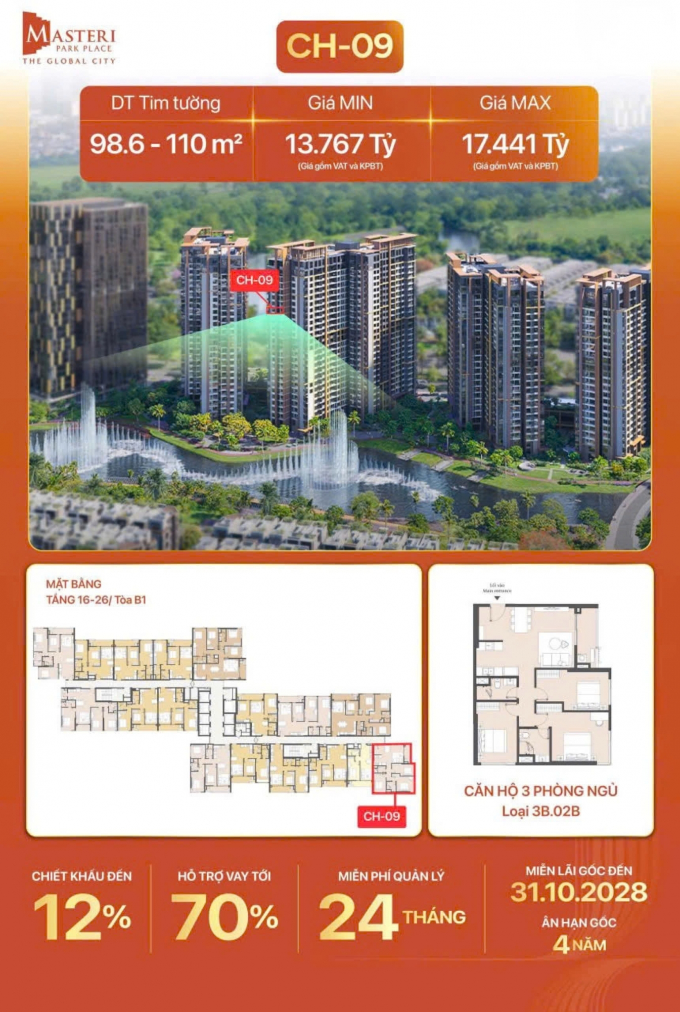Master Park Place - căn hộ 3PN - view công viên nhạc nước - giá bán từ 13.8 tỷ